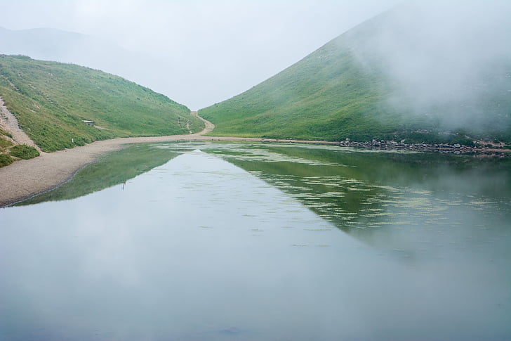 lake, fog, mist, green, gray, mountain, reflection