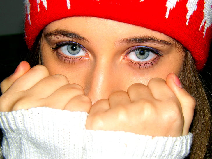 modre oči, dekle, klobuk, rdeča, ženske, ljudje, človeškim obrazom