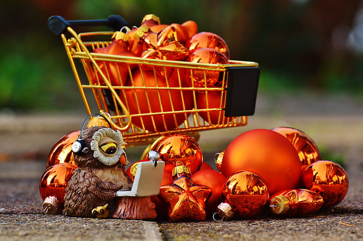 compras en línea, Navidad, carrito de compras, ir de compras, compra de, bolas de Navidad, carretilla