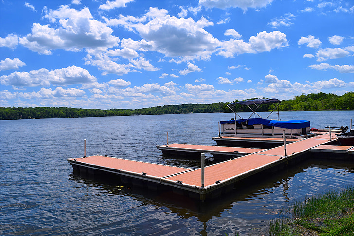 dock, lake, sunny, clouds, water, nature, summer
