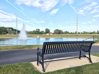 fountain, bench, landscape