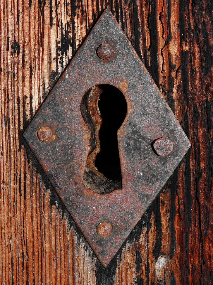 rakto skylutę, užraktas, durys, mediena - medžiaga, senas, aprūdijęs, pakabinama spyna