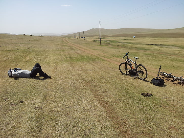 tired, bicyclist, mongolia, bicycle, outdoors