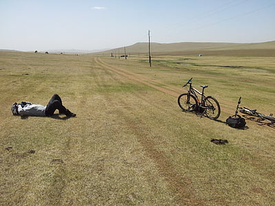unavený, cyklista, Mongolsko, jízdní kolo, venku
