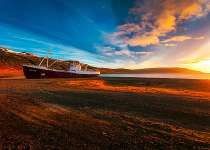 ship, boat, low tide, cove, bay, water, sunset