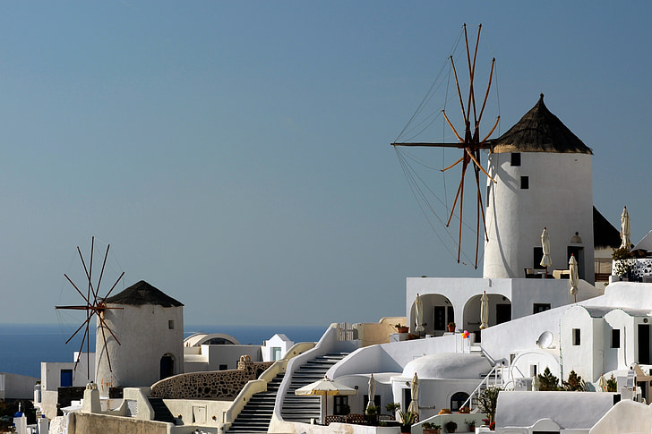 Санторини, Гърция, вятърни мелници, архитектура, празник, Цикладските острови, Егейско море