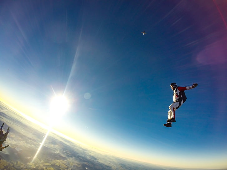 man, sky, diving, daytime, jump, skydive, jumping