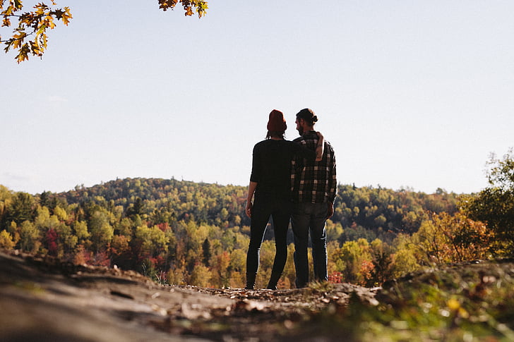 two, person, standing, front, forest, daytime, autumn