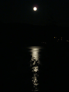 Lune, réflexion, océan, nuit, calme, sombre, minuit