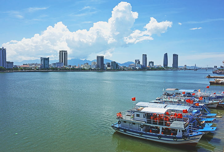 Vietnam, elven, båter, forankret, Danang, Asia, vann