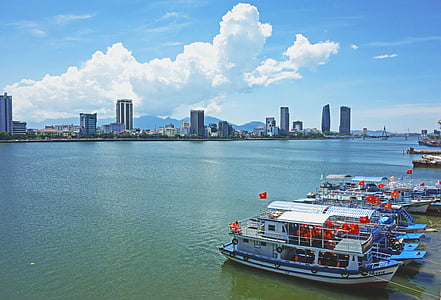 Wietnam, Rzeka, łodzie, zadokowany, Danang, Azja, wody
