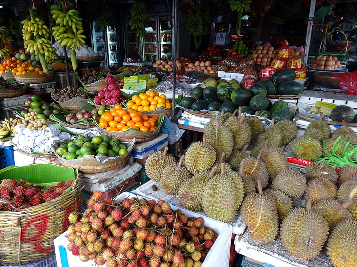 marknaden, grönsaker, frukt, exotiska, färgglada