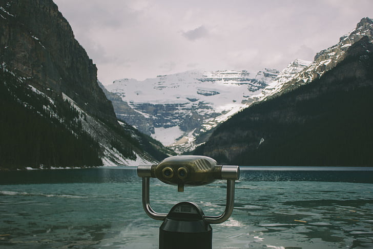 binoculars, looking glass, mountain lake, water, ice, frozen, winter