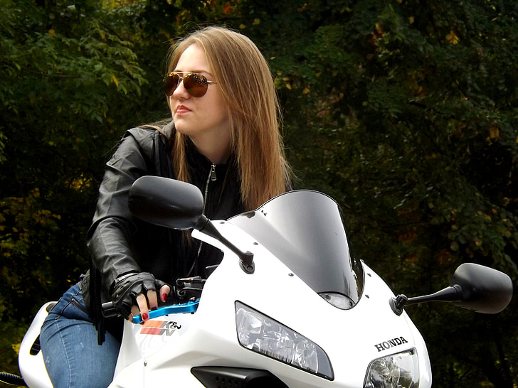 Cô bé, xe gắn máy, Áo khoác da, đi xe, biker, cô gái tóc vàng, Làm đẹp
