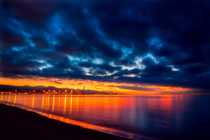 spain, sea, ocean, industrial, sky, clouds, sunset