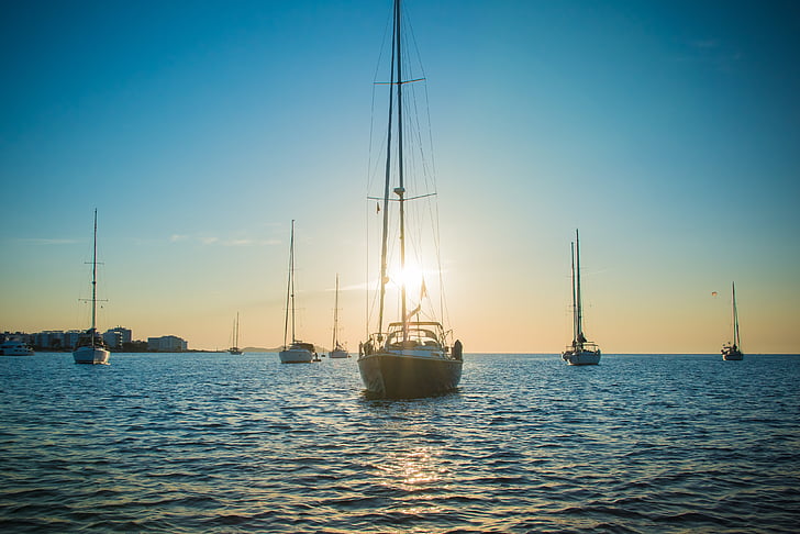 Ibiza, západ slnka, jachty, more, modrá, Plachetnica, námorných plavidiel