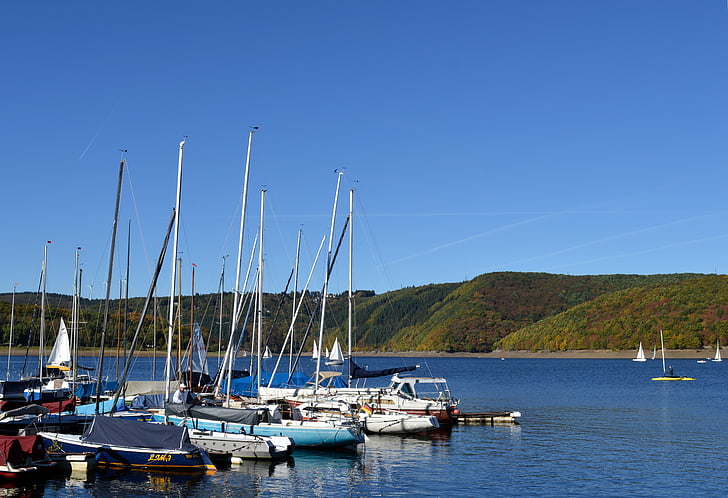 rurtalsperre, schwammenauel, eifel, lake, water, germany, boats