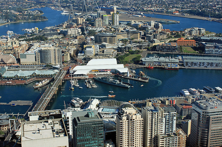 Sydney, Darling harbour, porta, dall'alto, Outlook, vista della città
