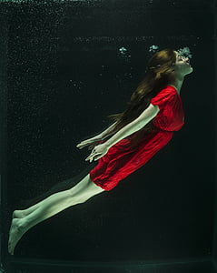 pod vodou, móda, žena, zvýšená, vody, tank, výtvarné umenie
