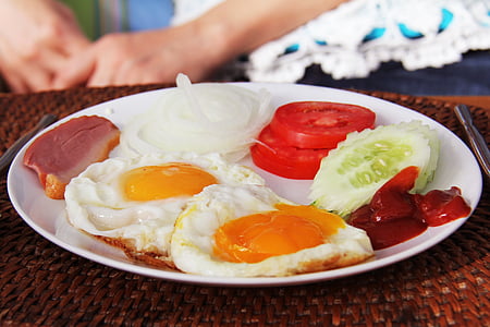 pusryčiai, vaisiai, kiaušinių, mėsos, gardūs, skanus, restoranas