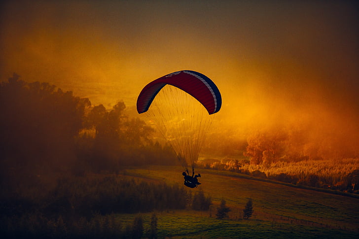 adventure, clouds, dawn, dusk, flight, paragliding, silhouette