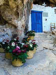 Ciprus, templom, a barlang belsejében, falu, ház, virág, építészet