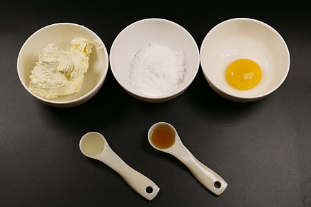egg, mel, sukker, baking ingredienser, bakervarer forberedelser, mat og drikke, Ingen mennesker