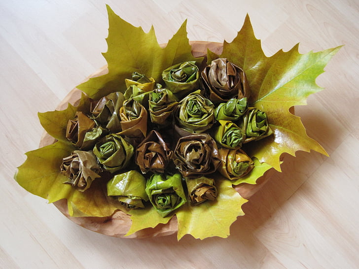 herbstdeko, leaves, rolled, roses, autumn, autumn leaf, handicraft