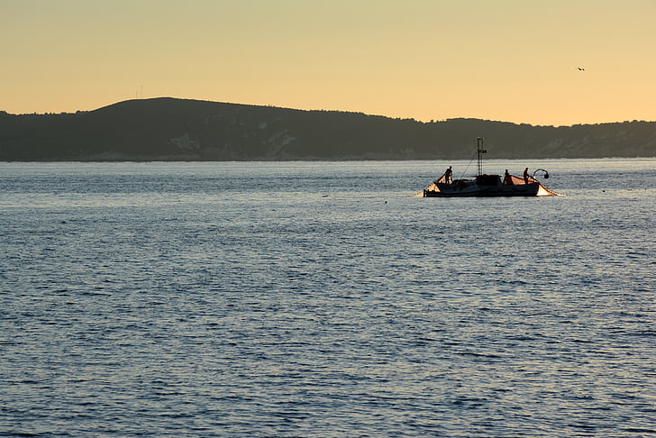 rybáři, Adriatic, Chorvatsko, Vis, Středomořská, Dalmácie, Západ slunce
