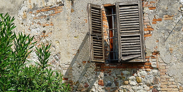 окно, Вуд, затвора, фасад, hauswand, старые окна, Кирпичный