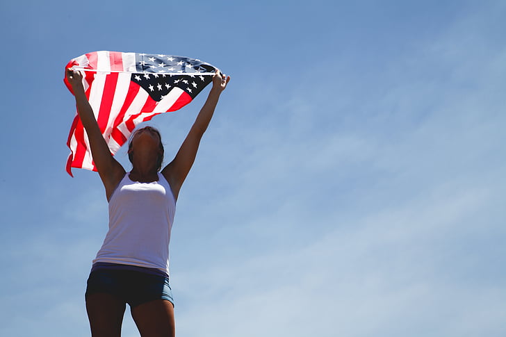 Amerika, Amerika Serikat, bendera Amerika Serikat, bendera, wanita, patriotisme, langit