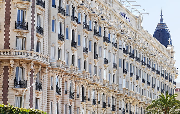 Cannes, Croisette, Hotel, rivieraens, fasade, luksuriøse, balkonger