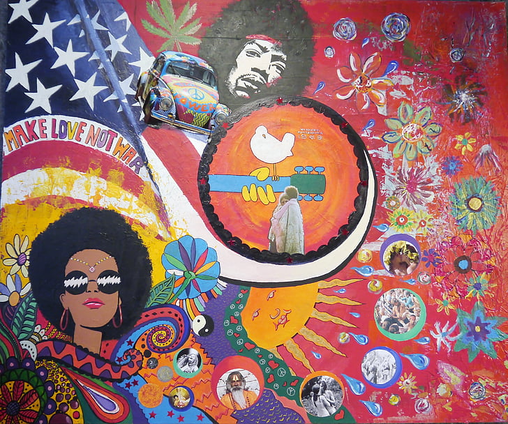 Woodstock meno, hippi, spalvinga, dažai, akrilinių dažų, drobė, tapyba
