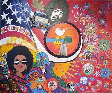 seni Woodstock, hippi, warna-warni, cat, Cat akrilik, kanvas, lukisan