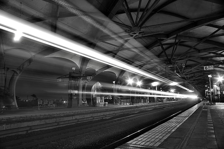 en noir et blanc, lumière, traînées de lumière, point de vue, chemin de fer, chemin de fer, train