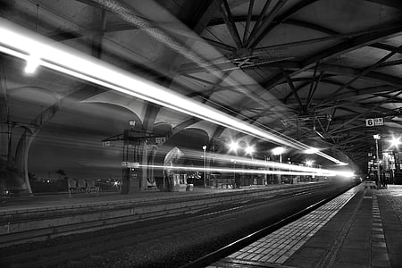 black-and-white, light, light streaks, perspective, railroad, railway, train