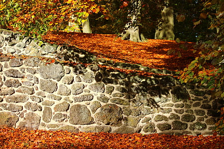 autumn, stone wall, fall foliage, ruin, castle park, ludwigslust-parchim, grotto