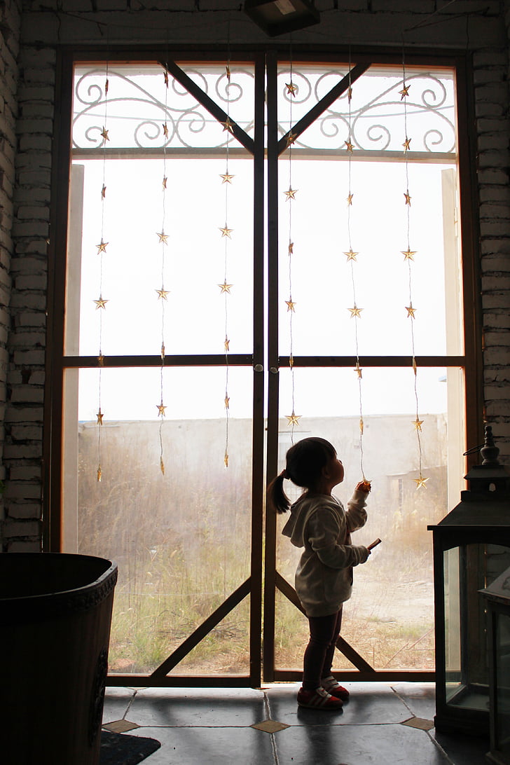 girls, silhouette, backlighting, window, decoration, child, curious