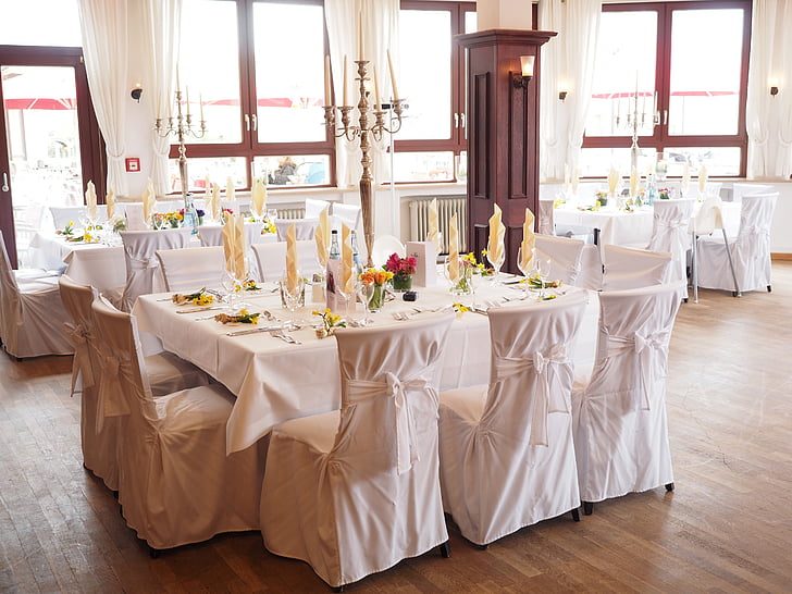wedding table, ballroom, hall, wedding decoration, wedding, festivity, decoration