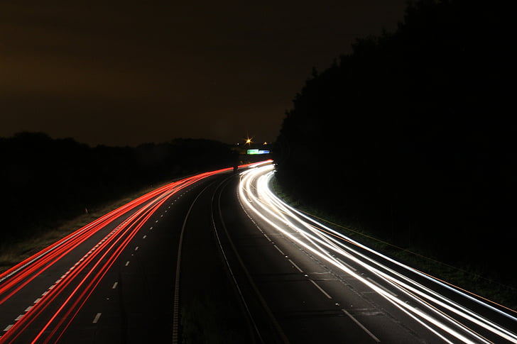 luces, noche, autopista, desenfoque de, movimiento, transporte, tráfico