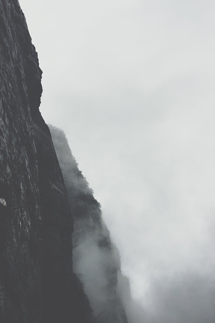 black-and-white, cliff, foggy, mountain