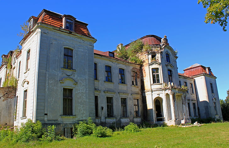 herrgård, Vintage, slott, vit, blå bakgrund, fasaden på den, väggen
