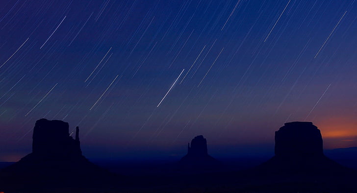 three, rock, formation, falling, stars, time, Monument Valley