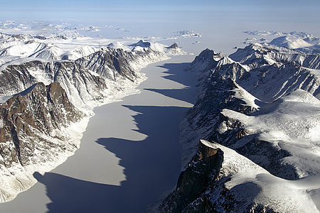 fiord, lód, pokryte, Baffina, krajobraz, śnieg, sceniczny