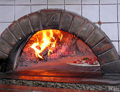 pizza oven, wood fired, burning, cooking, fire, flame, brick