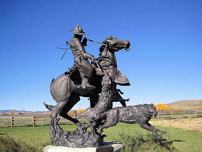 метална скулптура, Койотис, кон, Каубой, Алберта, Канада