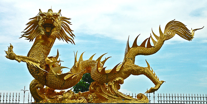 sculpture, dragons, golden, thailand, statue, dragon, asia