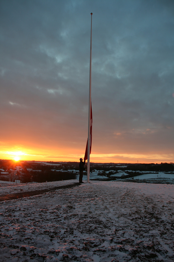 solnedgång, Flaggstång, snö, flagga, Sky