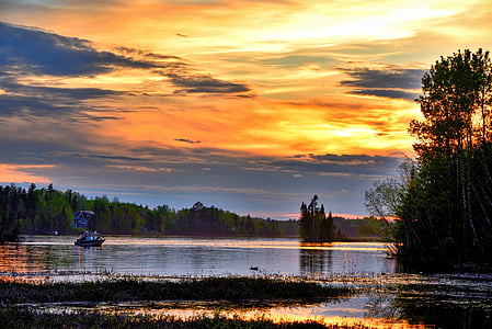 sunset, fishermen, sky, colors, clouds, twilight, evening