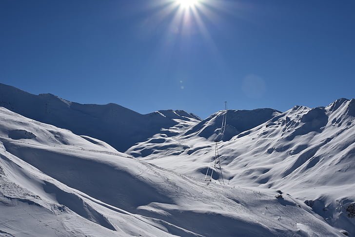Samnaun, Ischgl, Vinter, Panorama, solen, alpint, Sveits